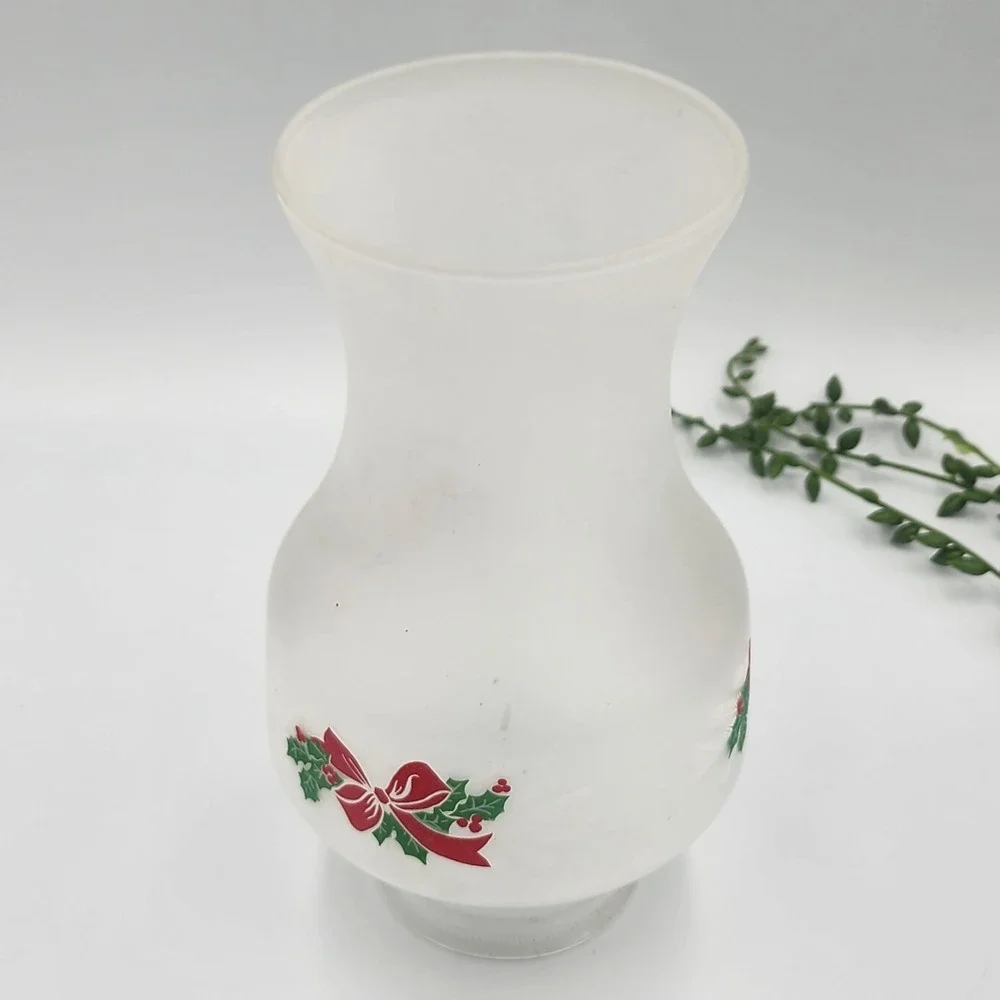 Leviton Vintage Christmas Hurricane Lamp Milk Glass Hobnail Frosted Holly Bow
